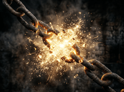 Rusty chain breaking apart with glowing sparks and debris