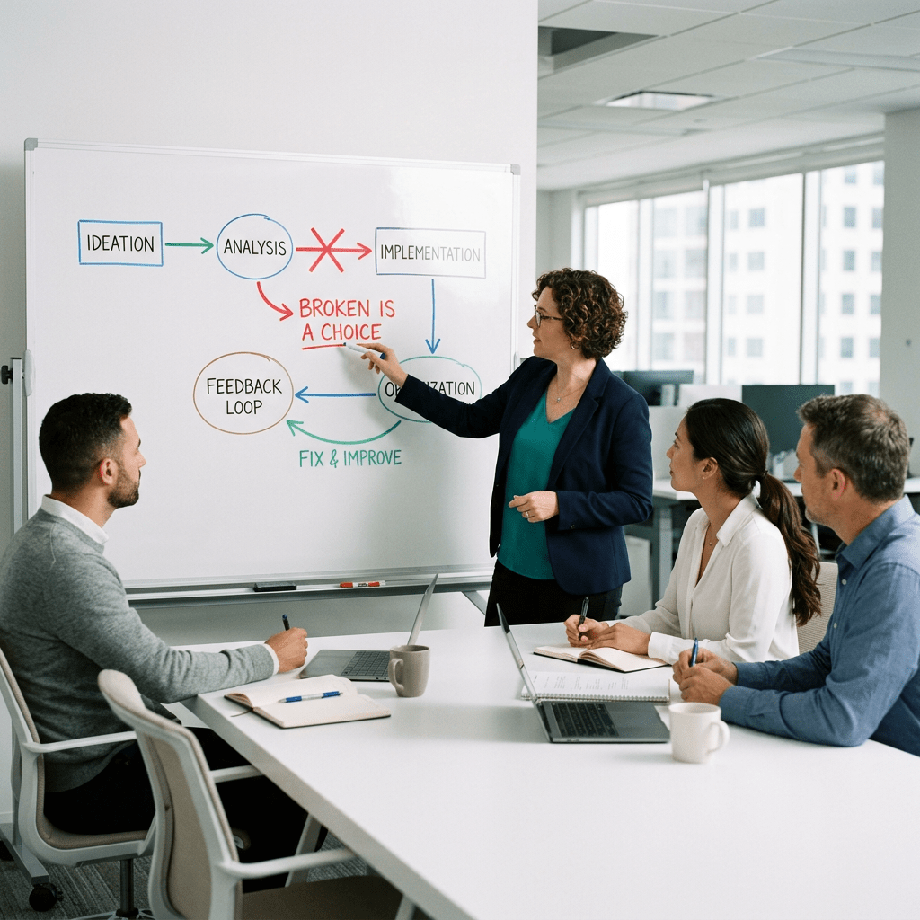 Businesswoman pointing to workflow diagram on whiteboard in office meeting