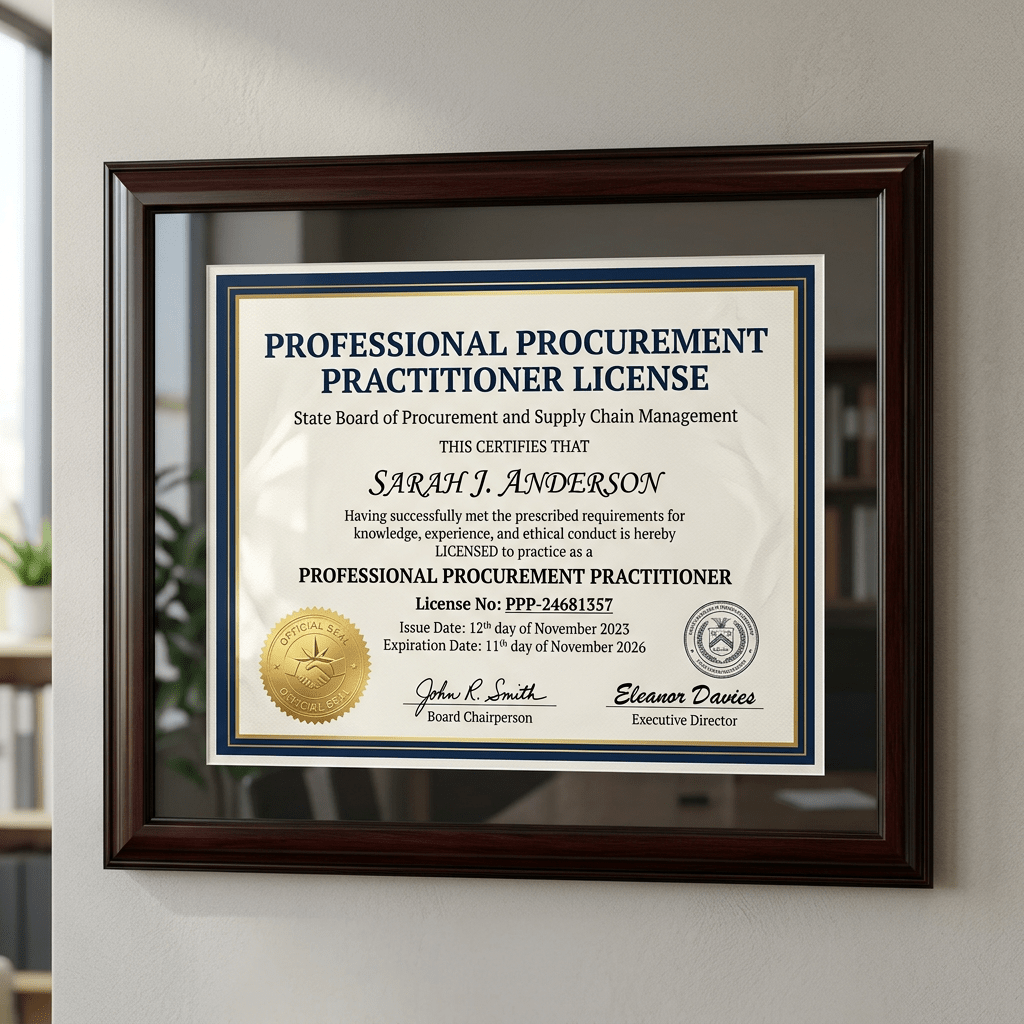 Professional Procurement Practitioner License certificate issued to Sarah J. Anderson by State Board of Procurement and Supply Chain Management